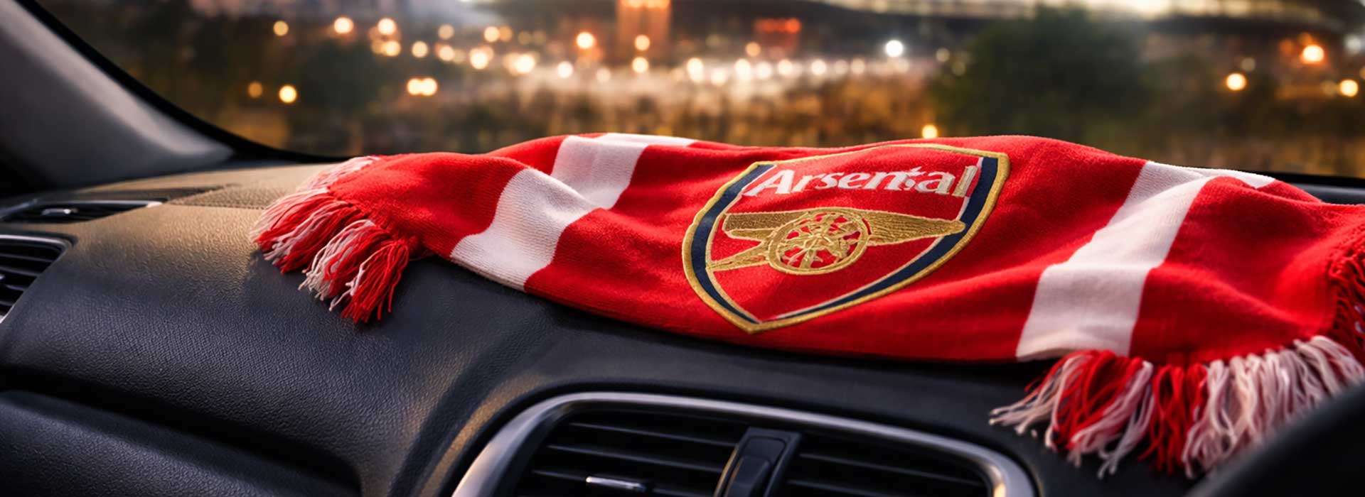 A red football scarf on a car dashboard with stadium lights in the distance, London